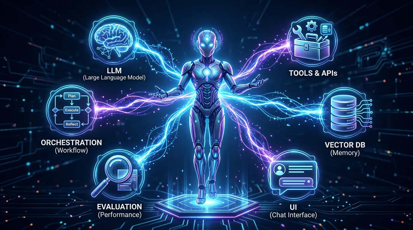 AI agent architecture overview with LLM, tools, memory and orchestration