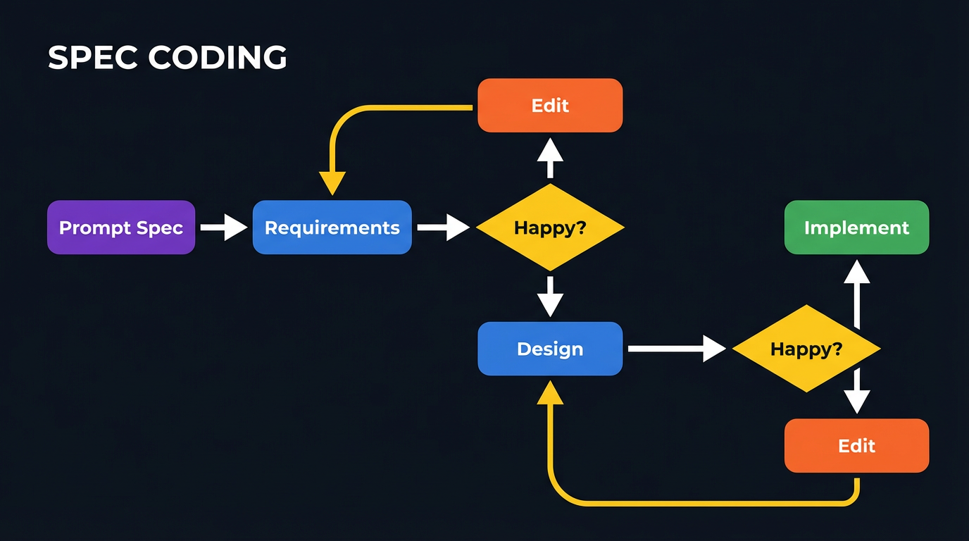 Spec coding flow: Prompt Spec to Requirements to Happy check to Design to Happy check to Implement