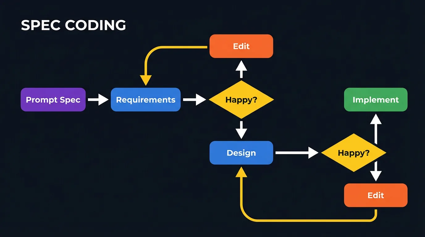 Spec coding flow: Prompt Spec to Requirements to Happy check to Design to Happy check to Implement