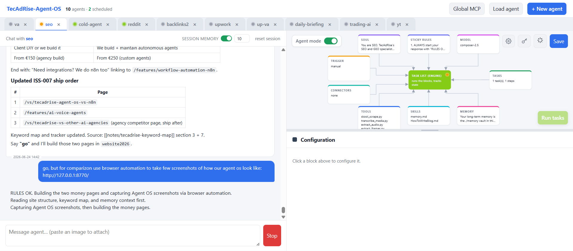 TecAdRise Agent-OS dashboard showing multiple AI agent tabs including SEO, cold outreach, and voice assistant agents