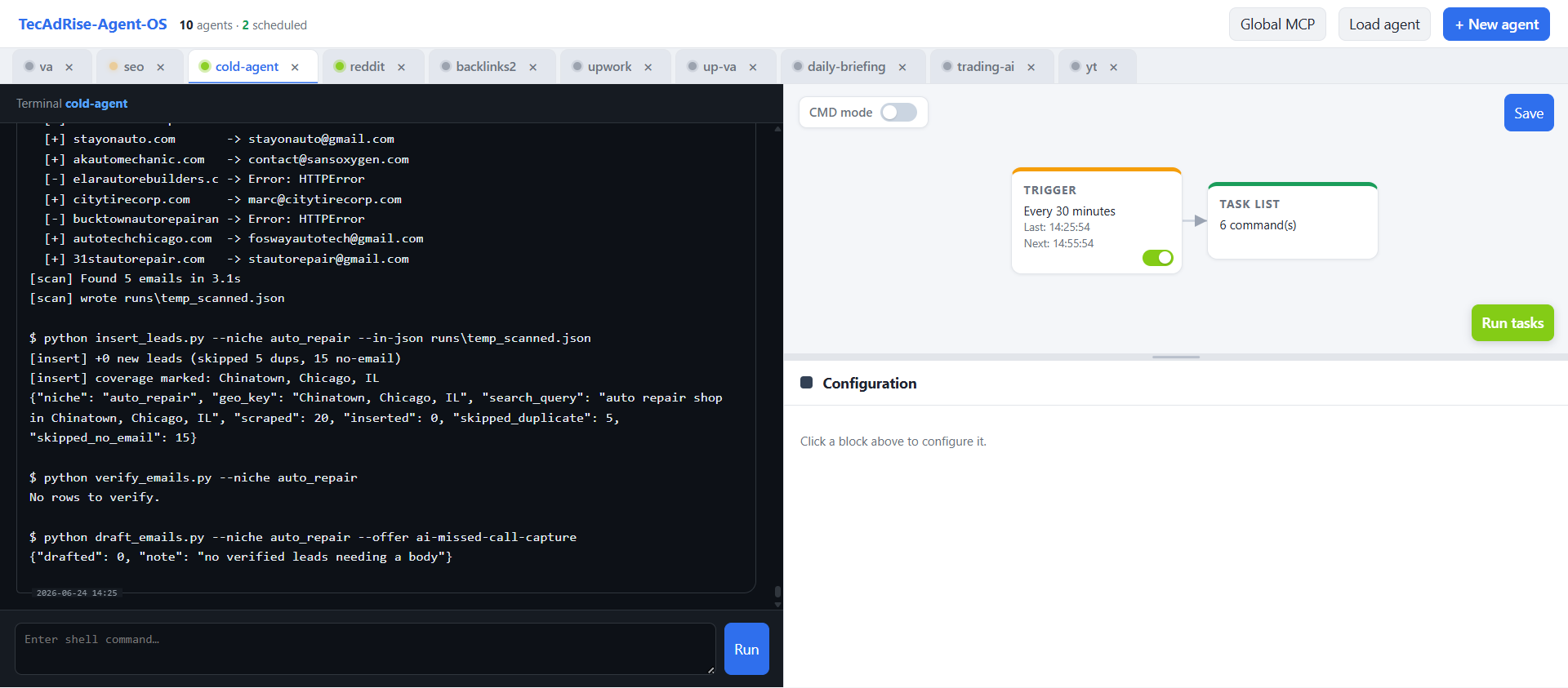 TecAdRise Agent-OS cold-agent view with scheduled automation tasks and agent configuration blocks